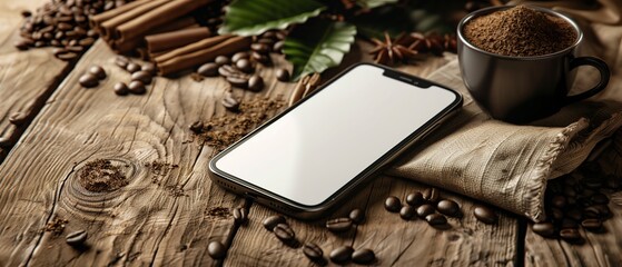 Smartphone with white screen on wooden table surrounded by aromatic coffee beans and cup full of ground coffee, creating inviting coffeehouse ambiance and technology integration. Mockup concept.