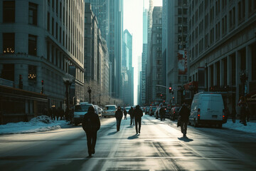 Obraz premium Urban hustle and bustle pedestrians walking down a busy city street with skyscrapers in the background