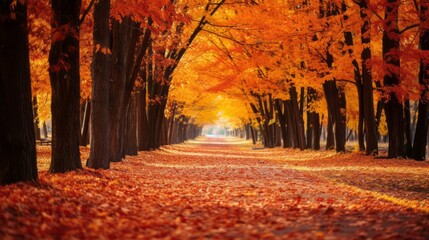 A picturesque Beautiful Autumn Forest Landscape with fallen bright colorful red orange leaves on the road on a sunny day. Horizontal Background, Seasons, nature of the concept.