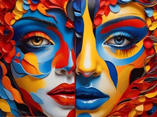 Faces of surreal colors with splashes of yellow, red, white, blue, and black.	
