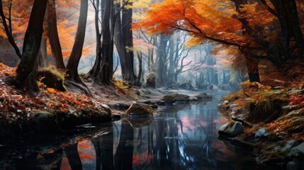 A Picturesque Beautiful Autumn Forest Landscape with bright colorful tree leaves and a River. Horizontal Background.