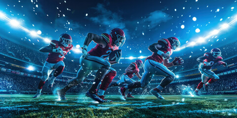 Nighttime American football players running on field in stadium under bright lights, intense sports action scene