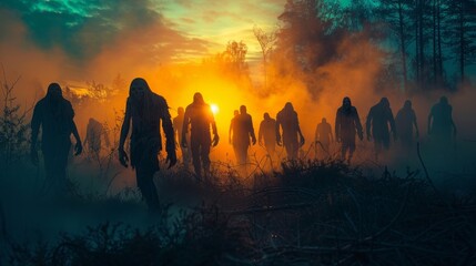 bloodthirsty zombies attacking concept. Silhouette of scary zombie walking in the dead forest at night.  - obrazy, fototapety, plakaty