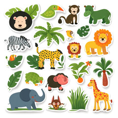 Naklejka premium Jungle Animals. Sticker Collection. Multiple. Vector Icon Illustration. Icon Concept Isolated Premium Vector. 