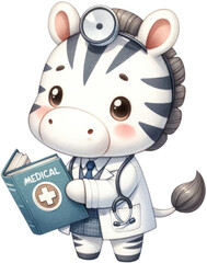 Watercolor animal doctor, zebra doctor png, cute cartoon, medicine bag, doctor's uniform, surgical mask, syringe, stethoscope, doctor's uniform, virus, PNG