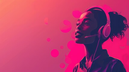 Pink Neon Silhouette of a Girl with Headphones - A vibrant pink-toned silhouette of a girl enjoying music with stylish headphones on a neon background