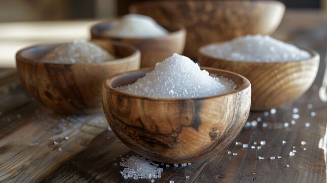 sugar and sweeteners in wooden bowls on a wooden table