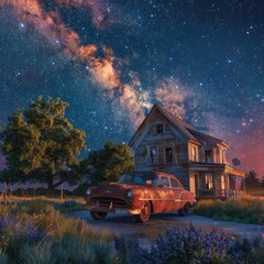 Starry night over rustic home and aged vehicle - A captivating night skyscape highlighting a star-filled sky above an old wooden house beside a worn-out car
