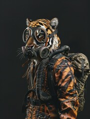 Fototapeta na wymiar Stylized Tiger with Gas Mask and Gear - A tiger depicted with stylistic precision wearing a gas mask and equipped with survival gear