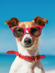 Terrier with red sunglasses looking away - An adorable Terrier with red sunglasses looks away, evoking thoughts of anticipation and mystery