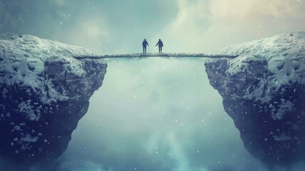 Two people on a snowy bridge between cliffs - A serene snowy landscape with a narrow bridge connecting two snow-covered cliffs under a soft glow of lights with two silhouetted figures crossing
