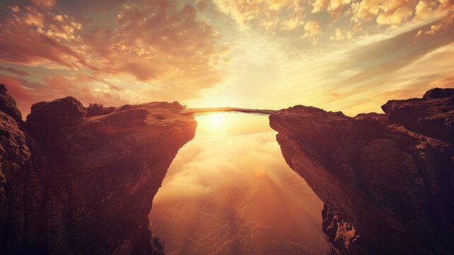 Sunset over a grand natural rock bridge - A breathtaking image of a natural rock bridge formation with the sun setting behind it, casting warm, golden light through the arch