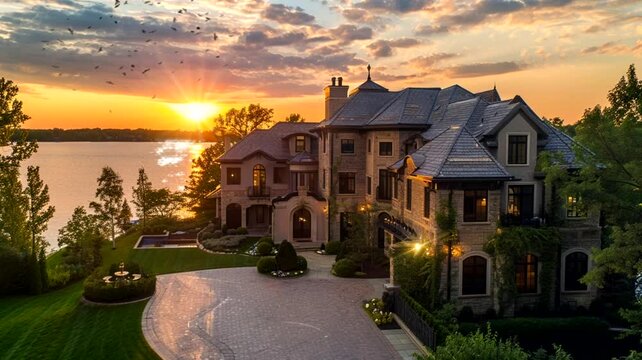 Scene of a luxury house by the lake, animated virtual repeating seamless 4k	
