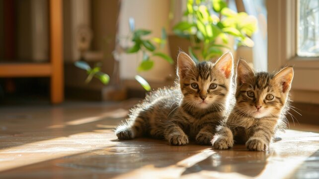 Two tabby kittens basking in sunlight - A charming scene of two tabby kittens enjoying warm sunlight on a wooden floor, giving a feeling of warmth and tranquility