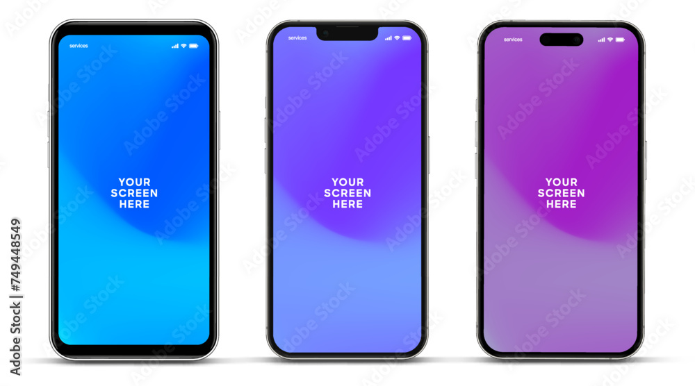 Aufkleber 3D realistic high quality smartphone mockup with isolated background. Smart phone mockup collection. Device front view. 3D mobile phone with shadow on white background.