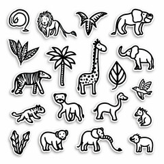 Jungle - Wildlife. Animals. Sticker Collection. Multiple. Vector Icon Illustration. Icon Concept Isolated Premium Vector. Line Art. 