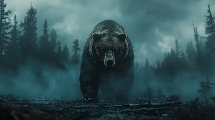 Horror view of big bear in dead forest at night.  - obrazy, fototapety, plakaty
