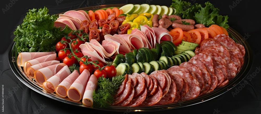 Sticker A variety of meats including salami, sliced ham, and sausage are arranged on a platter alongside fresh tomatoes, salad, and assorted vegetables, all displayed on a wooden table.