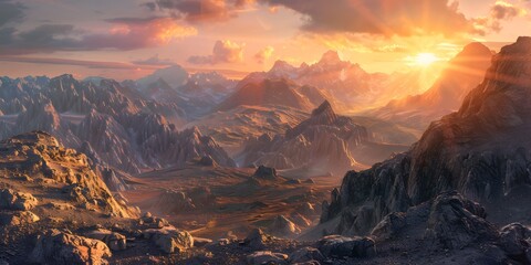 Discover the breathtaking allure within a realistic depiction of a sunrise, as its warm glow paints a majestic mountain landscape with a palette of golden hues. - obrazy, fototapety, plakaty