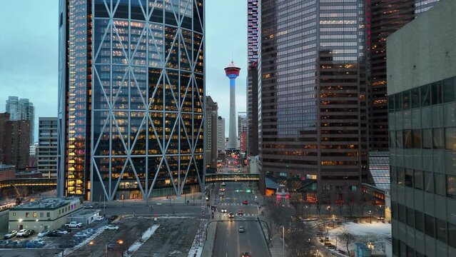 Aerial view of Calgary's skyline on a beautiful winter evening.