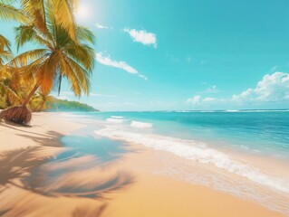 Fototapeta na wymiar Serene tropical beach with golden sand, palm trees, and crystal-clear waters under a bright blue sky. Perfect for relaxation and travel themes
