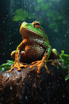 Goliath frog, Conraua goliath, under water droplets from a cascade, AI generated
