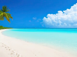 Beautiful tropical beach with turquoise ocean waves, blue skies, and white sand