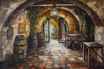 Winery, wine cellar with a few wine barrels in the cellar, juice made from wine. Generative ai.