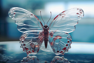 Beautiful stylized colored crystal butterfly on water, AI generated