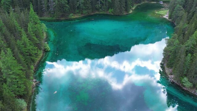 Aerial of Gruner See, beautiful green alpine lake with crystal clear water in spring, Gruner See, Styria, Austria, Europe