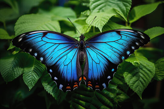 Beautiful stylized blue monarch butterfly on natural leaves environment, AI generated