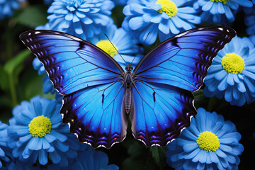 Beautiful stylized blue butterfly on natural flowers environment, AI generated