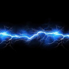 Un rayo de energía eléctrica horizontal. posotivos, negativos, tormenta elctrica, luz,  comienza poco a poco y se vuelve más intenso. Relámpago azul. Fondo negro - obrazy, fototapety, plakaty