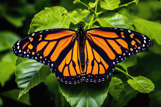 Stylized beautifully multicolored yellow monarch butterfly on natural leaves environment, AI generated