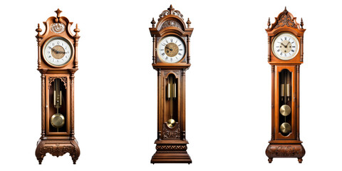 Tall antique grandfather clock isolated on transparent background.