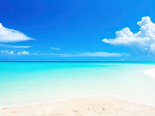 Beautiful tropical beach with turquoise ocean waves, blue skies, and white sand