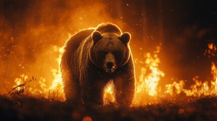 Horror view of big bear in forest at night. Angry bear behind the fire cloudy sky.  - obrazy, fototapety, plakaty