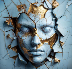 Cracked Illusion: A Woman's Face Emerging from a Weathered Wall of Gold and Marble