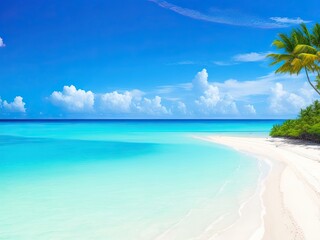 Fototapeta premium Beautiful tropical beach with turquoise ocean waves, blue skies, and white sand