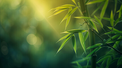 Radiant Sunlight Dancing Through a Lush Bamboo Forest, Casting a Serene Glow on Vibrant Green Leaves - obrazy, fototapety, plakaty