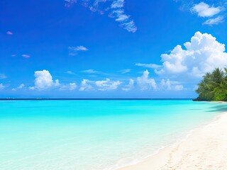 Fototapeta premium Beautiful tropical beach with turquoise ocean waves, blue skies, and white sand