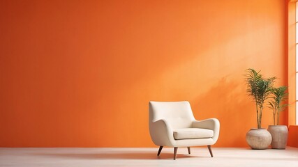 light orange wall white wooden floor and an empty room with an armchair
