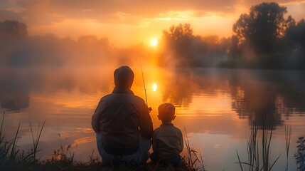 father and son in sunset on the river father's day generative art