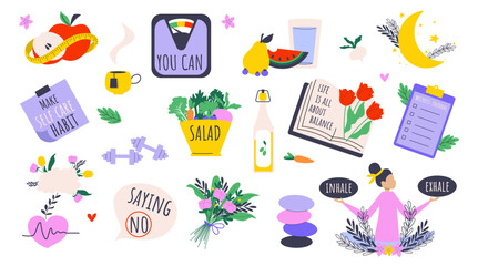 Big set of well being, mindfulness and healthy lifestyle concept. 