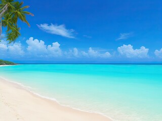 Fototapeta na wymiar Beautiful tropical beach with turquoise ocean waves, blue skies, and white sand