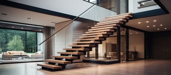 Fototapeta premium A staircase in a modern house featuring a minimalist design with a glass wall. The staircase leads upwards, creating an open and airy feeling in the home.
