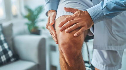 Male physical therapist doing healing treatment on mans knee in rehabilitation clinic. Professional physiotherapist or osteopath working in office. Physiotherapy and osteopathic medicine concept
