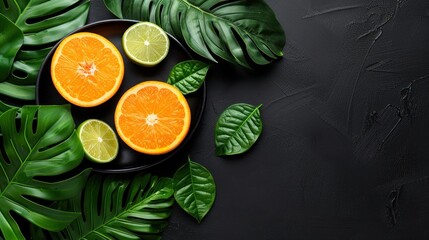 a plate with oranges and limes on a black surface surrounded by green leaves and monster's leaves.