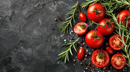 a bunch of tomatoes and herbs on a black stone background with a place for the text on the left side of the image.