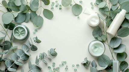 Flat lay composition with body care products and eucalyptus branches on white background	
 - obrazy, fototapety, plakaty